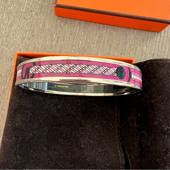 Authentic Hermes pink black silver tone cloisonné bracelet.
